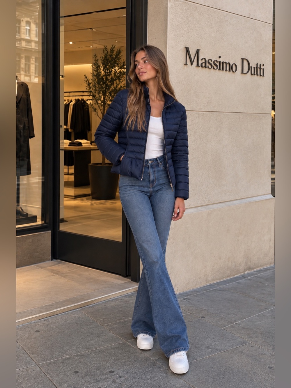 Massimo Dutti Feather Down Navy Puffer Jacket Gold Zip Size S